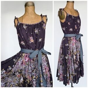Vintage Floral Ribbon Tie Strap Plum Purple Prairie Dress, M